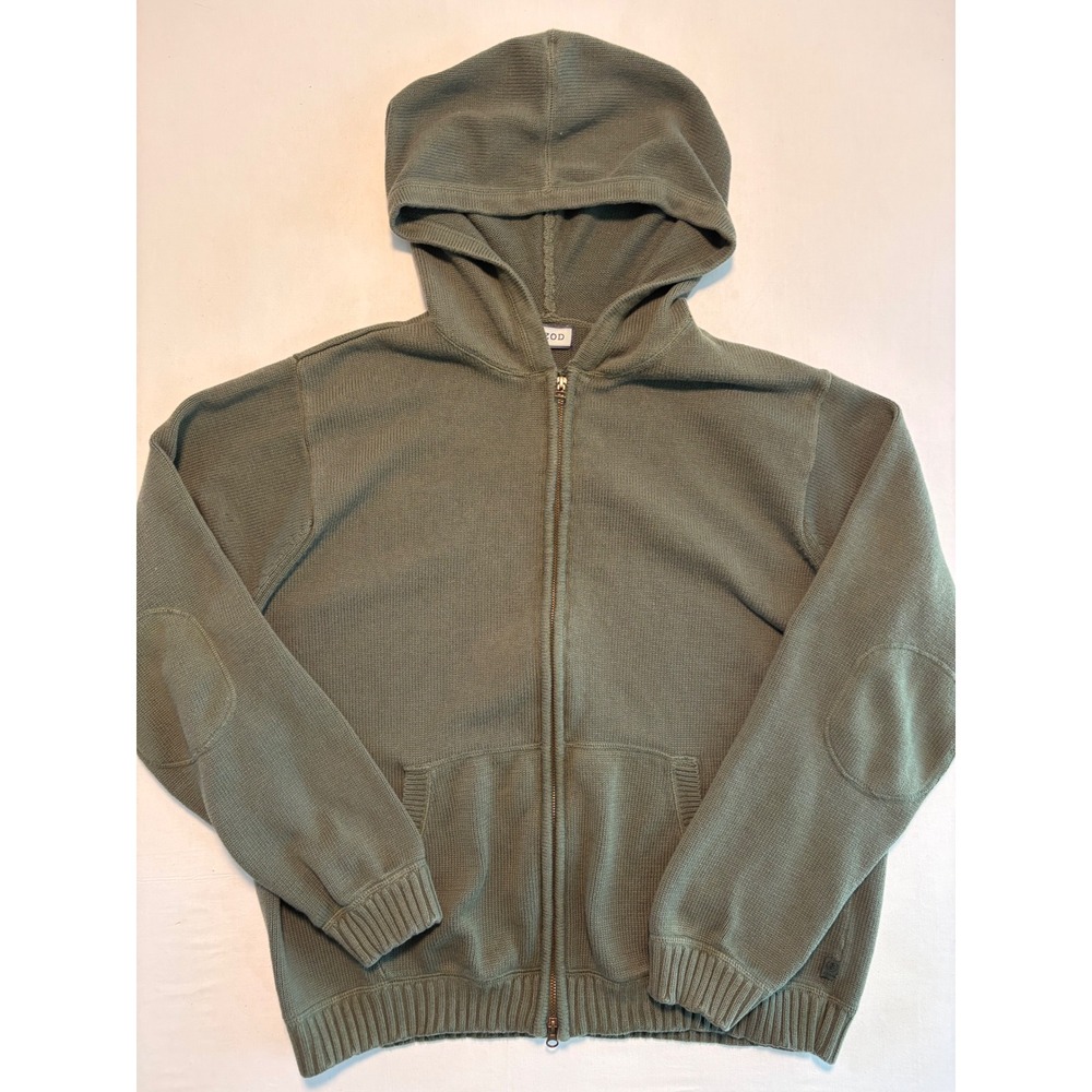 Izod Mens XXL Olive Green Full Zip Hooded Sweater Cotton Knit Elbow Patches
